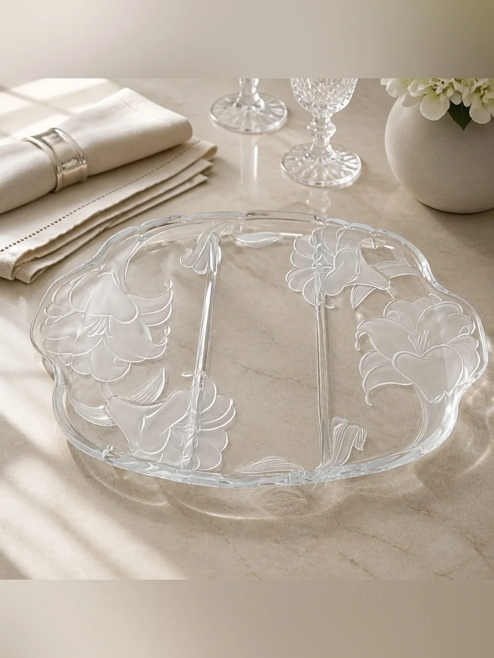 Clear Floral Divided Glass Serving Platter Studio Nova